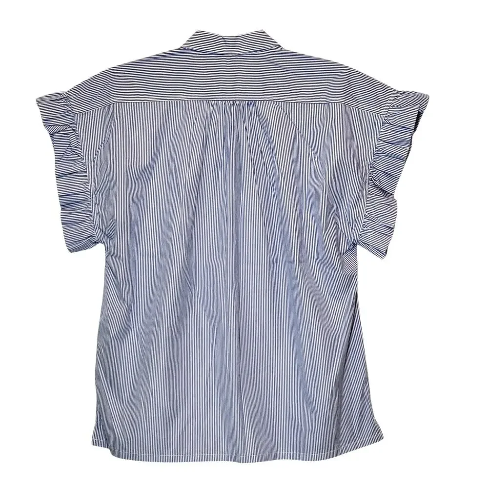 Travota Marianne NWT Birds of Paradise Button Ruffle Shirt Blue White Cotton XS - Picture 8 of 14